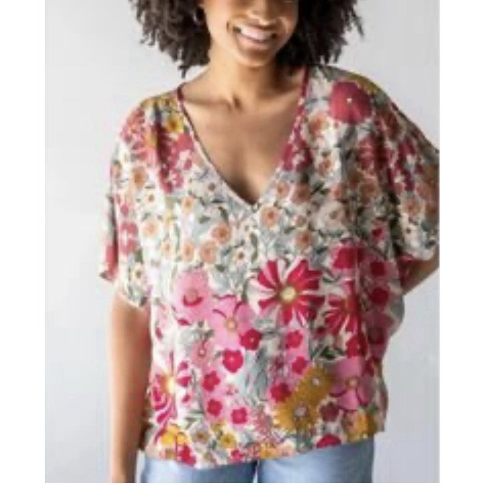 Natural Life Lush Zinnias Easy V-Neck Top Sz XL Boho Retro Floral Crop Blouse